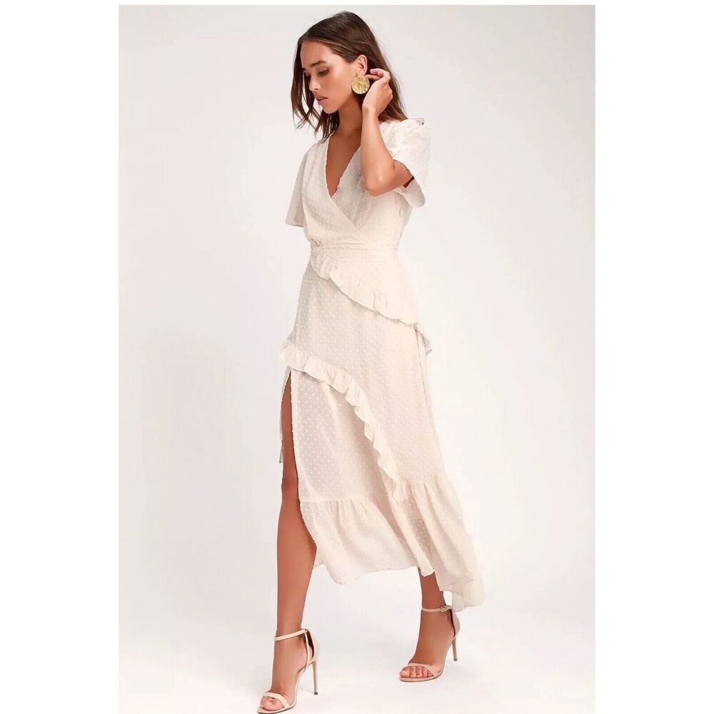 Lulus Next to You Swiss Dot Tiered Ruffle Hem Midi Dress Size Large Cream Slit